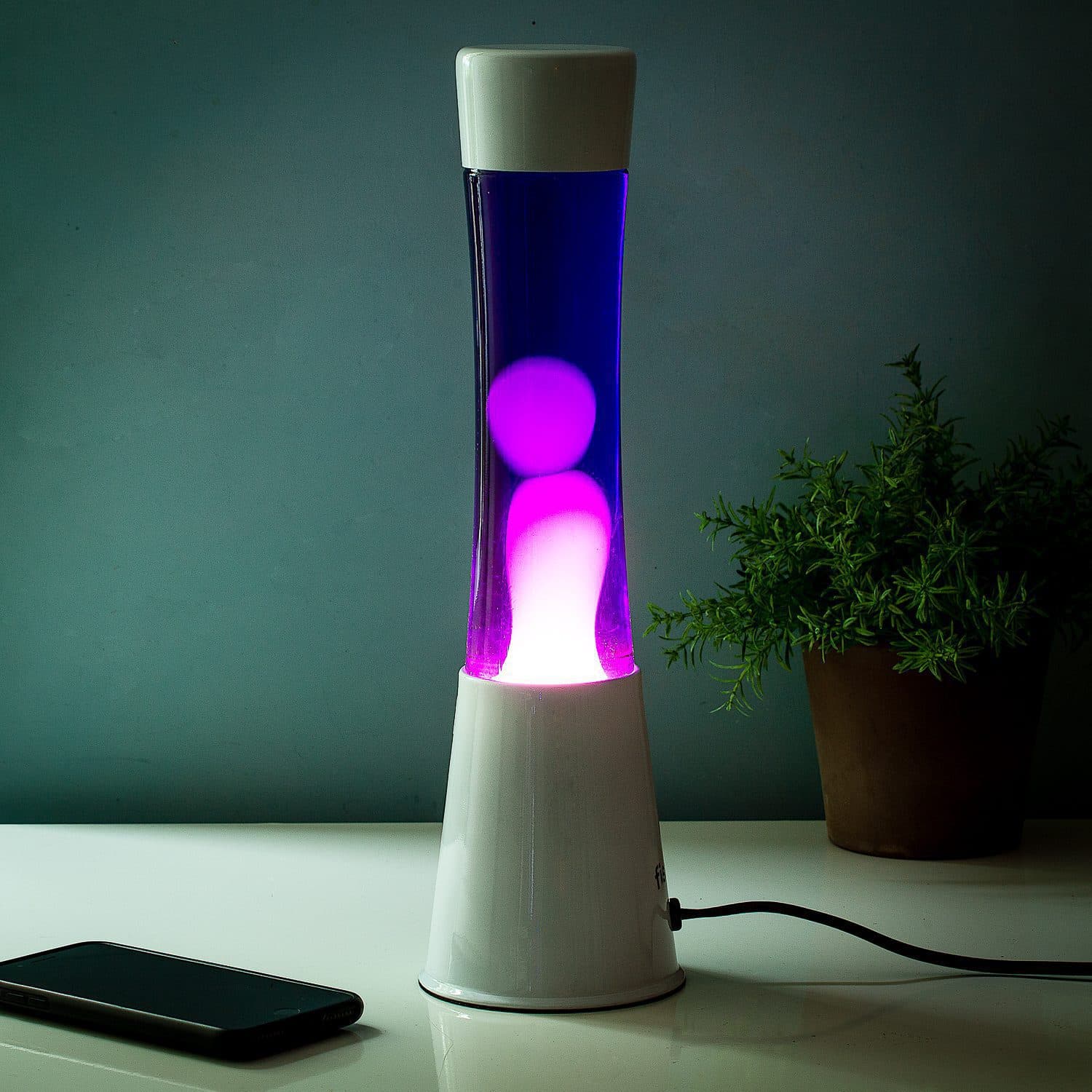 Lavalamp wit met paarse vloeistof en witte lava
