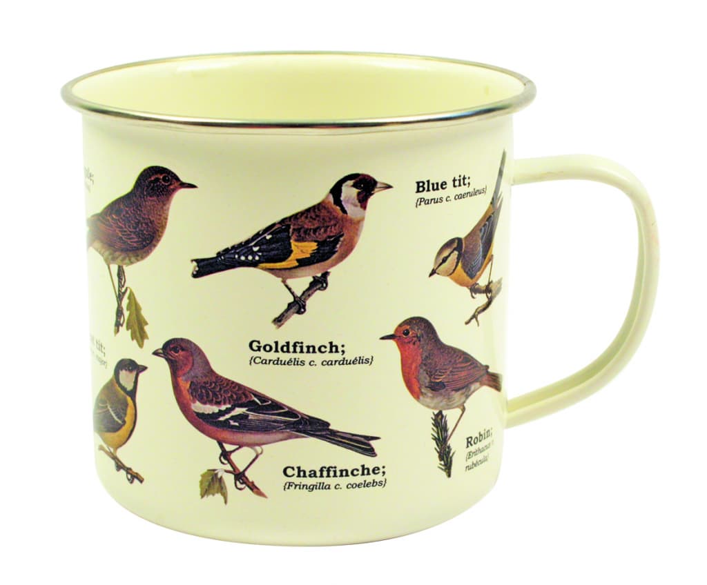 Emaille mok met vogels