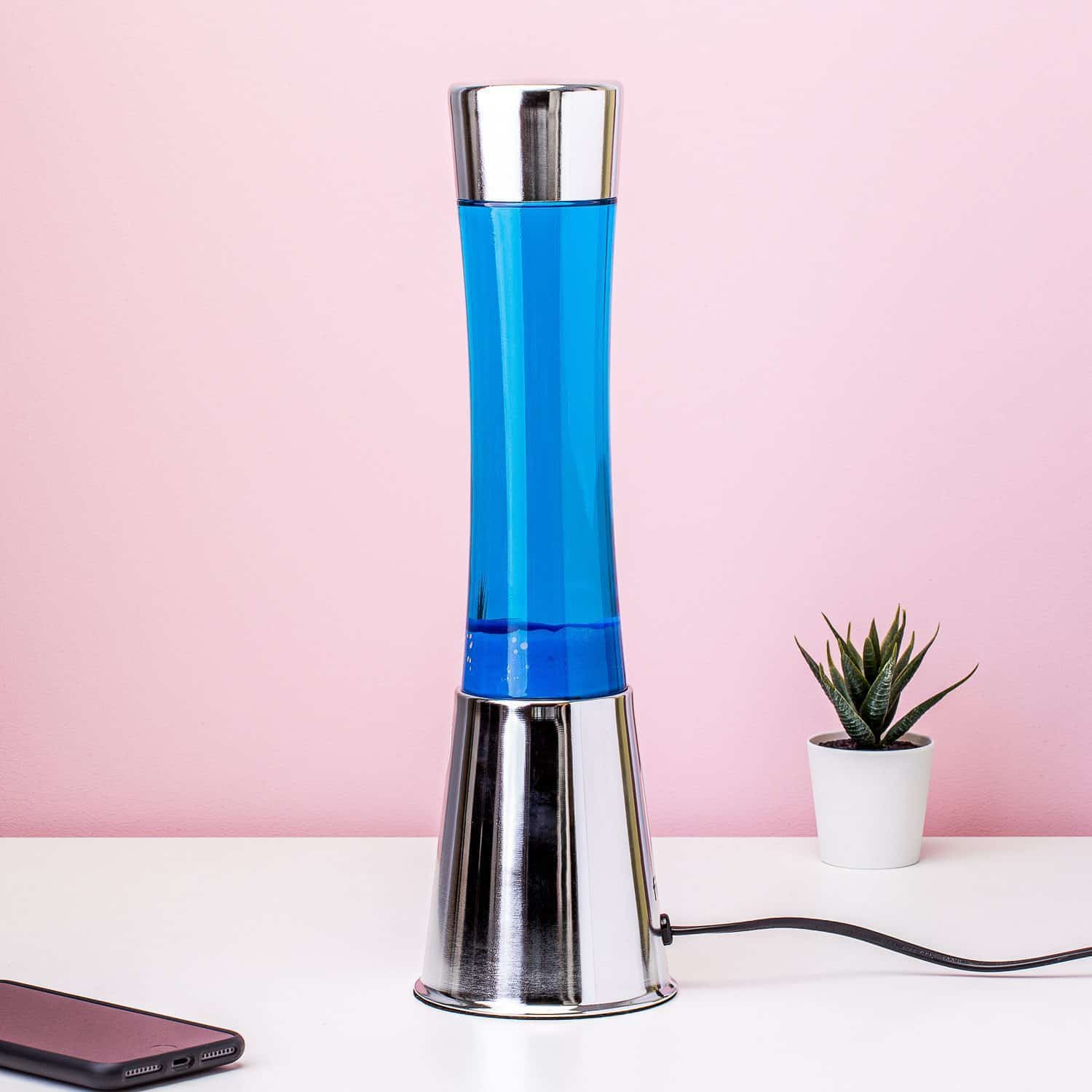 Lavalamp zilver met blauwe vloeistof en navy lava