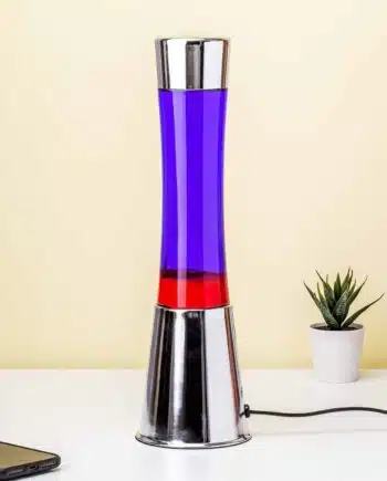 Lavalamp zilver met paarse vloeistof en rode lava