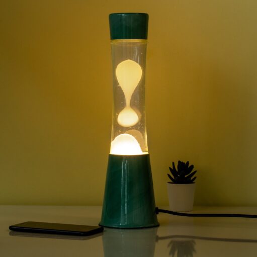 Lavalamp groen met transparante vloeistof en gele lava