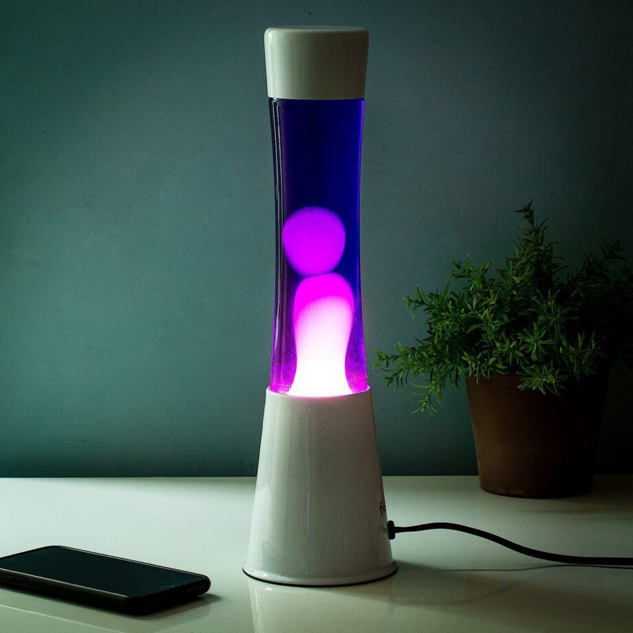 Lavalamp wit met paarse vloeistof en witte lava