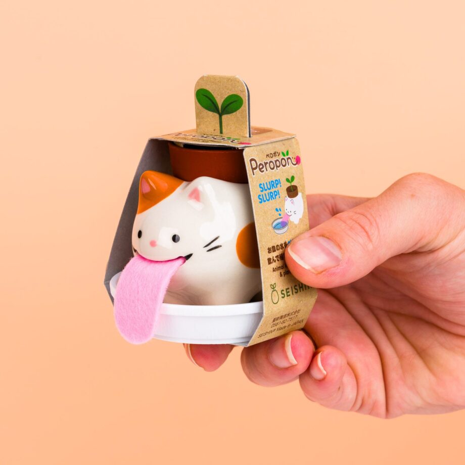Kat bloempotje met aardbeienplantje