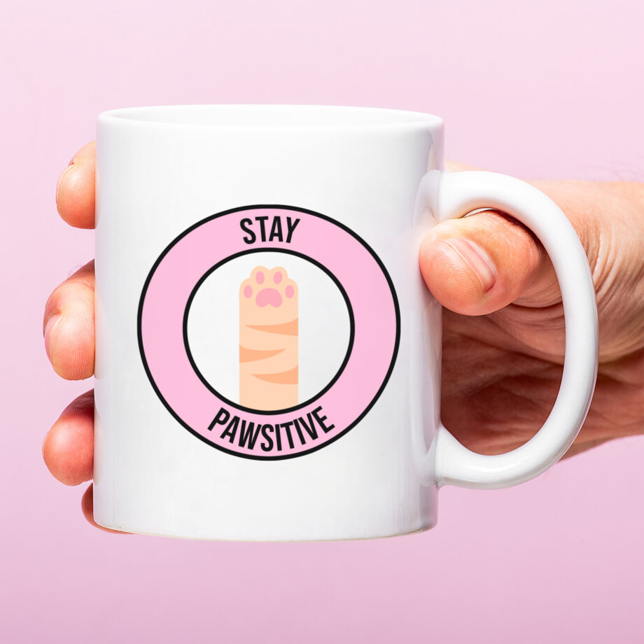 Mok met Tekst ‘’Stay pawsitive’’ | Materiaal: Keramiek | 33 cl | Mok met Tekst | Koffie Mok | Grappige Cadeau |  Vaatwasser bestendig | Humor | Mok met grappige tekst