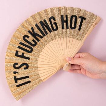 Houten waaier It's Fucking Hot - Gouden glitter